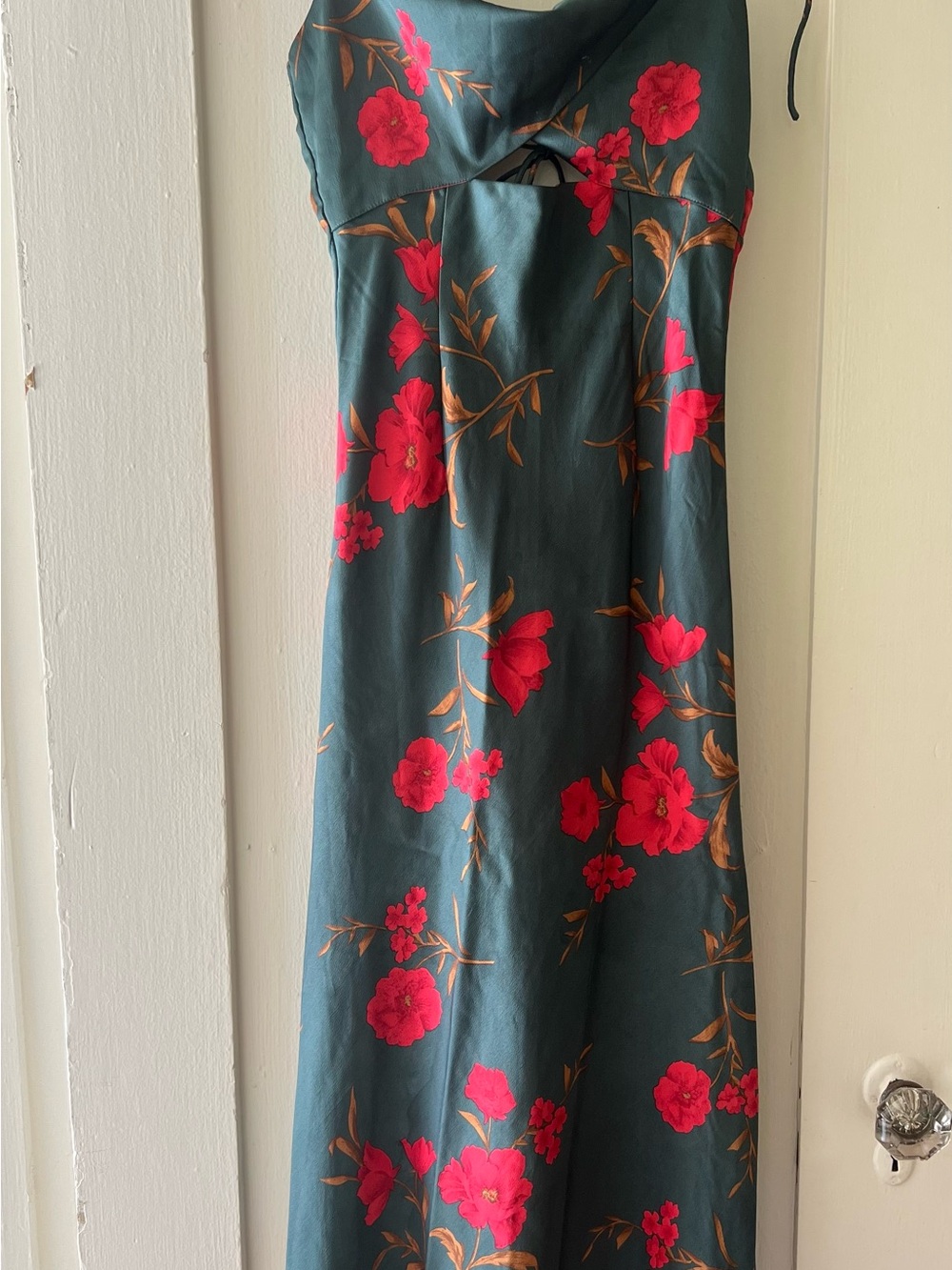 Floral Satin Slip Dress in Teal with Pink Blooms